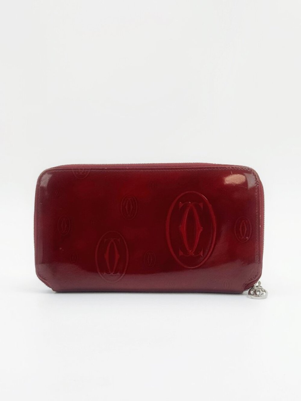 Cartier Burgundy Patent Leather Zip Around Long Wallet Embossed Logo Vintage